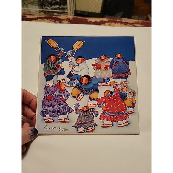 Vintage Barbara Lavallee Ceramic Kitchen Tile Wall Eskimo Dance 1996 Rare - Picture 4 of 4